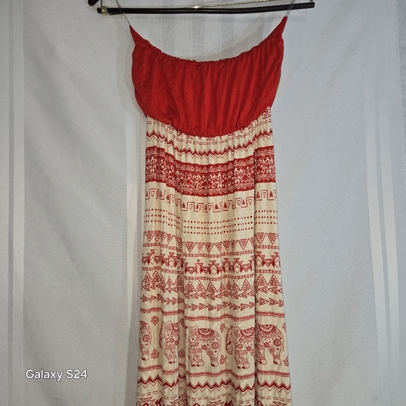 LOVE TREE MAXI STRAPLESS BRIGHT RED/CREAM ELEPHANT PRINT DRESS SIZE SMALL - Picture 6 of 13